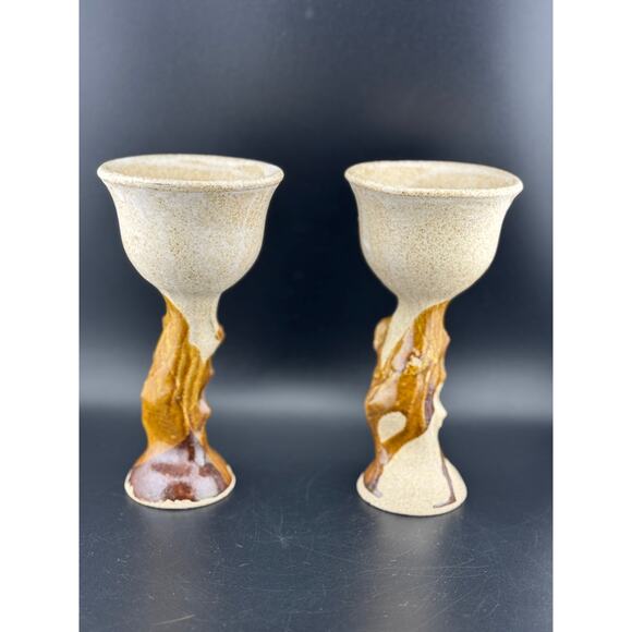 Pair of Handmade Glazed Pottery Wine Goblets - Picture 4 of 7
